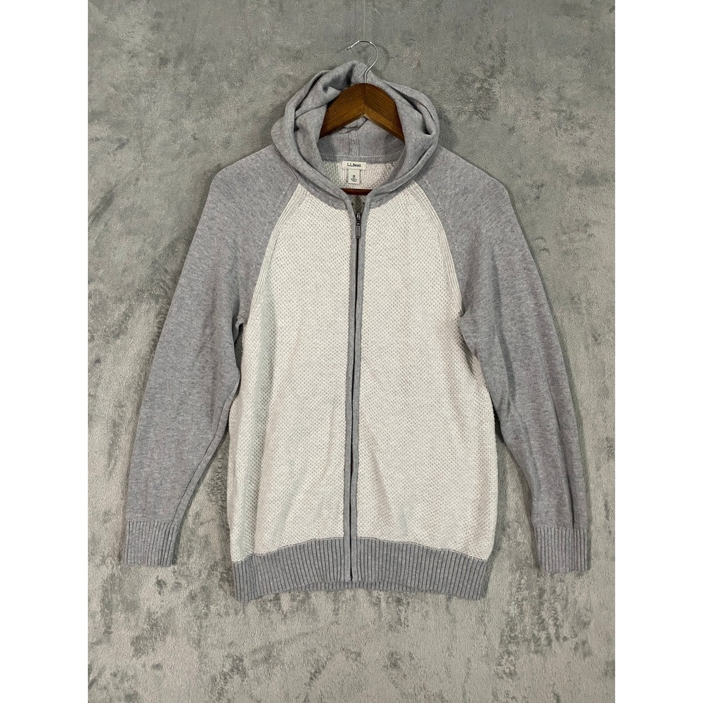 L.L. Bean Sweater Hoodie Women M Grey Full Zip Waffle Knit Colorblock 298314